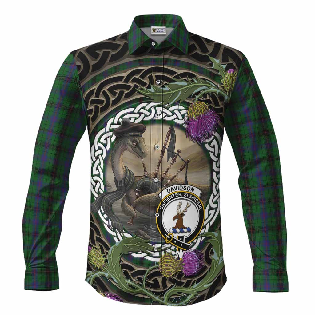 Davidson Tartan Crest Bagpipe Nessie Long Sleeve Button Shirts Scottish Loch Ness Monster Celtic Thistle