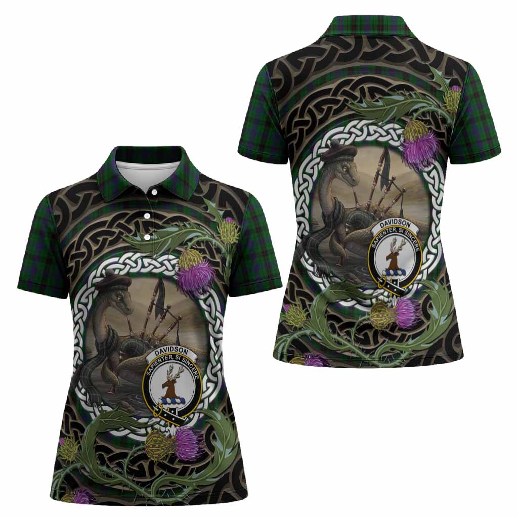 Davidson Tartan Crest Bagpipe Nessie Women Polo Shirt Scottish Loch Ness Monster Celtic Thistle