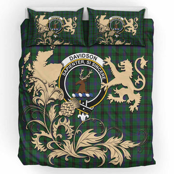 Davidson Tartan Crest Bedding Set with Scottish Iconic Symbols 