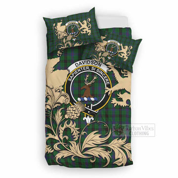 Davidson Tartan Crest Bedding Set with Scottish Iconic Symbols 