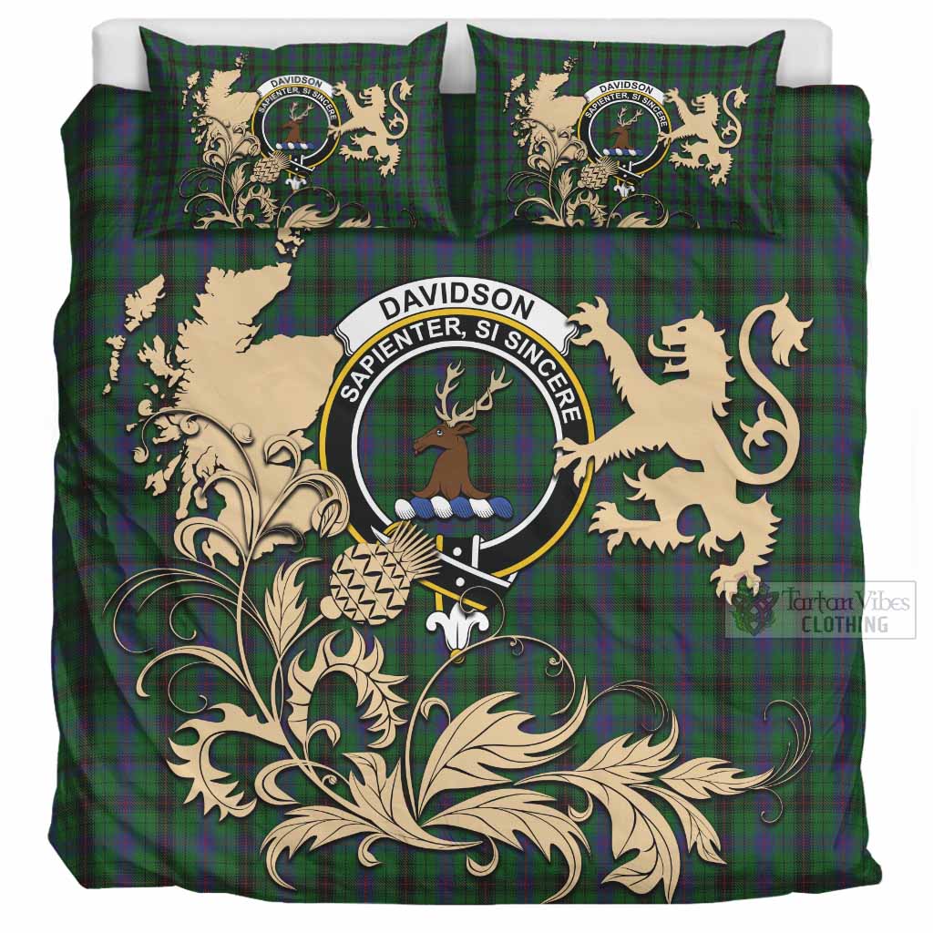 Davidson Tartan Crest Bedding Set with Scottish Iconic Symbols 
