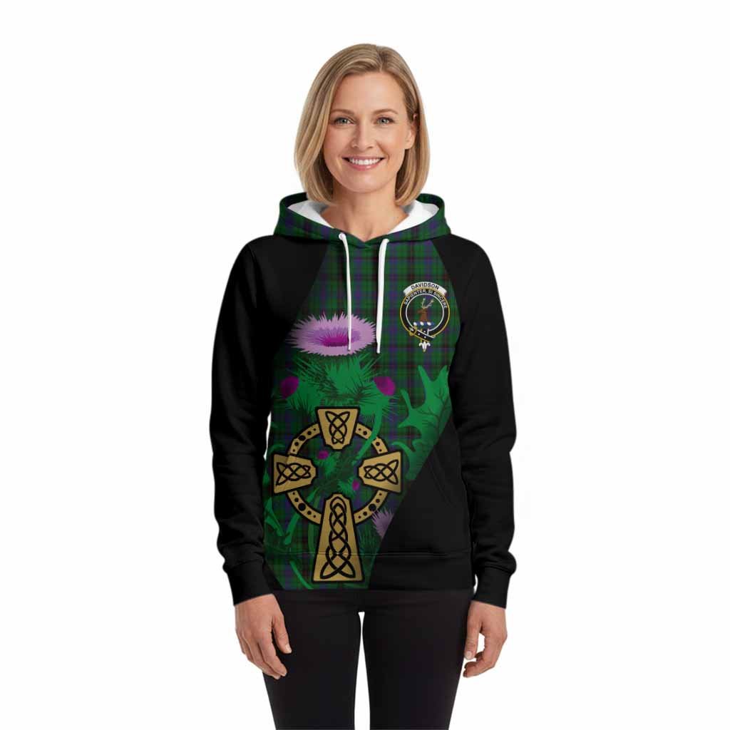 Davidson Tartan Crest Hoodie Celtic Cross Thistle Flowers