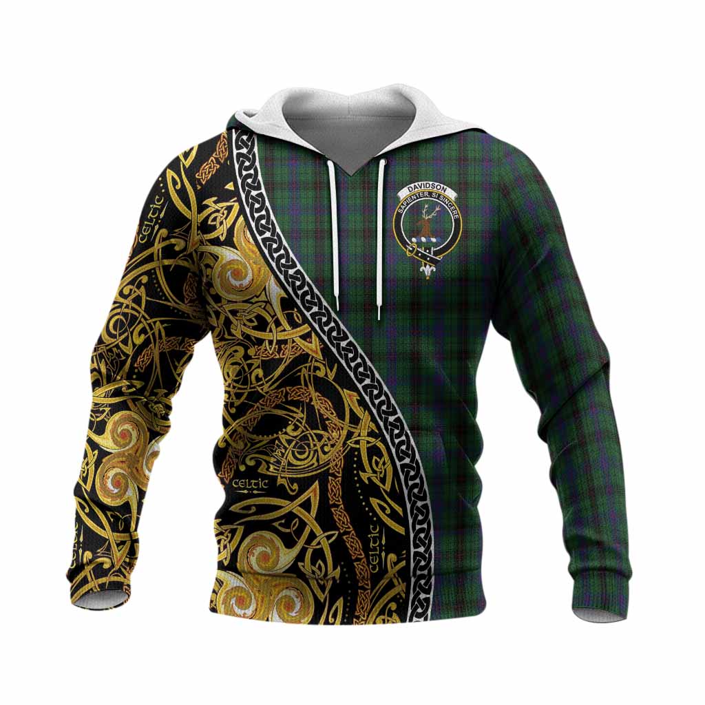 Davidson Tartan Crest Knitted Hoodie Celtic Knot and Triple Trickle Spiral Symbols