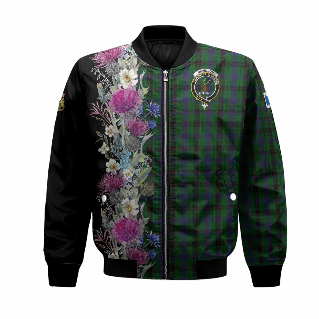 Davidson Tartan Crest Thistle Floral Bomber Jacket Unisex Black - Tartan Vibes Clothing