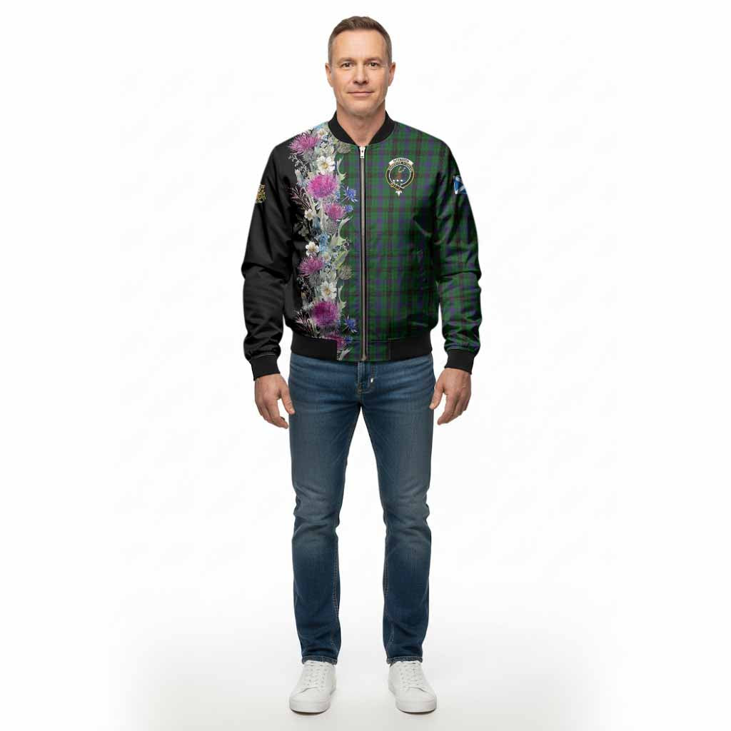Davidson Tartan Crest Thistle Floral Bomber Jacket - Tartan Vibes Clothing