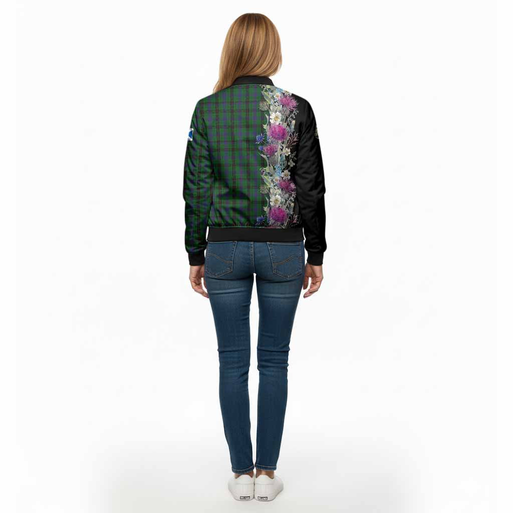 Davidson Tartan Crest Thistle Floral Bomber Jacket - Tartan Vibes Clothing