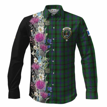 Davidson Tartan Crest Thistle Floral Long Sleeve Button Shirts Men's Shirt S - Tartan Vibes Clothing