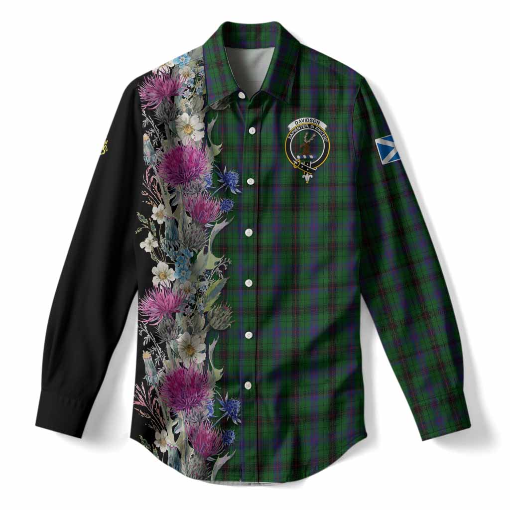 Davidson Tartan Crest Thistle Floral Women Casual Shirt