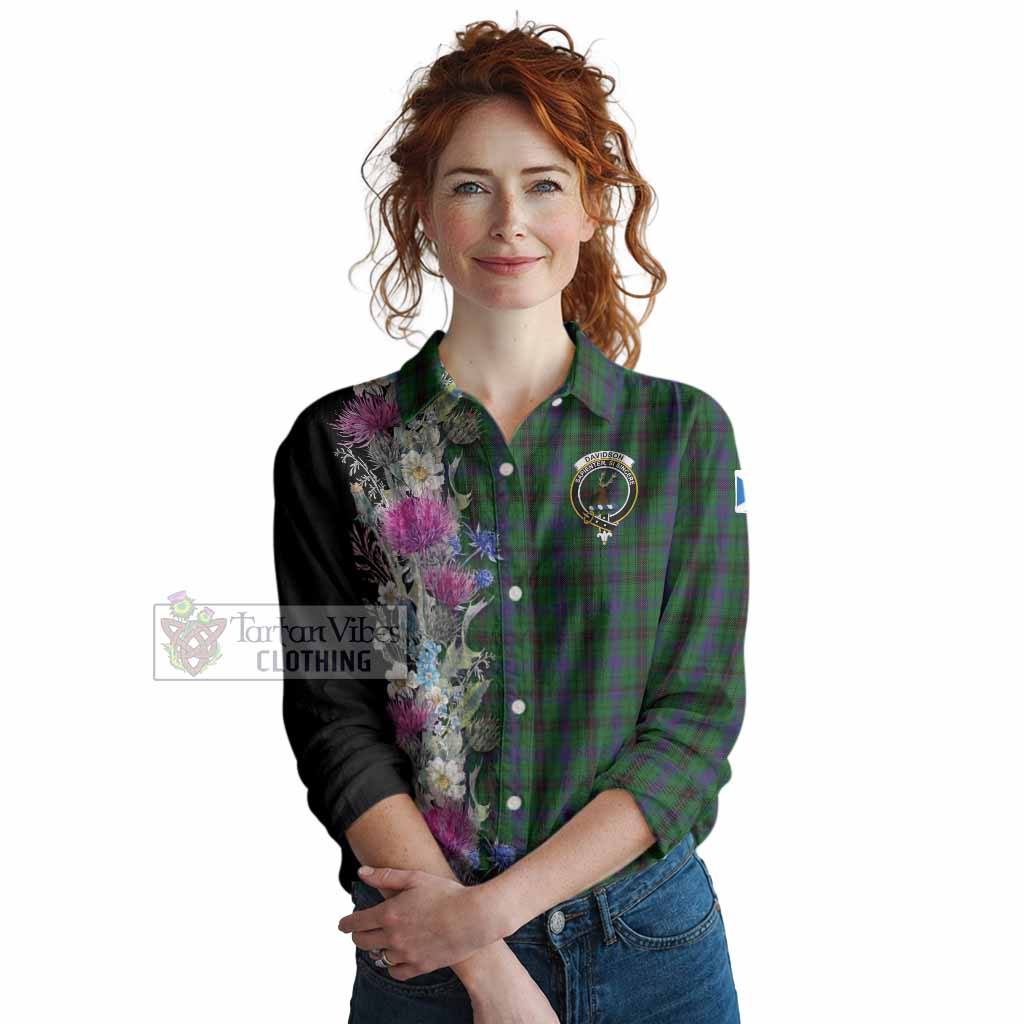 Davidson Tartan Crest Thistle Floral Women Casual Shirt
