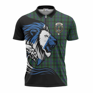 Davidson Tartan Crest Zipper Polo Shirt Scottish Golden Lions Wave Flow
