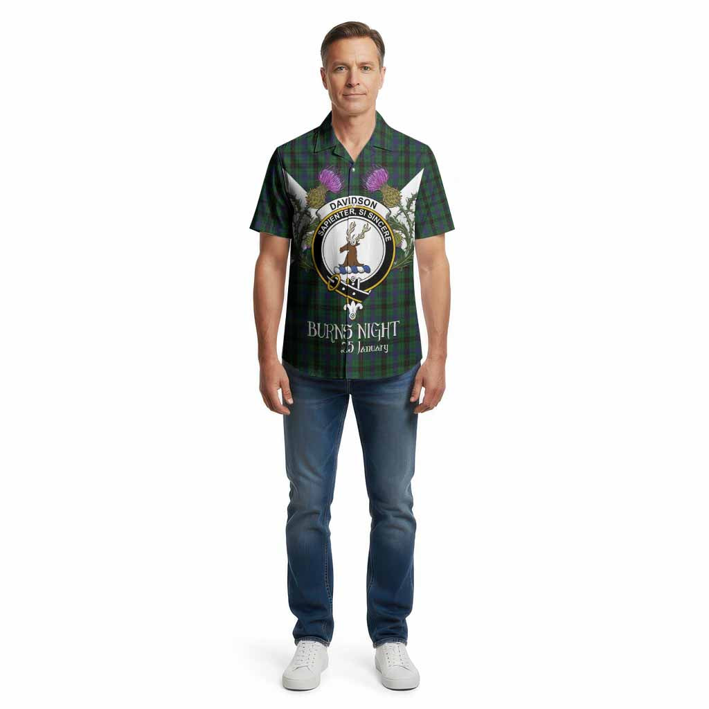 Davidson Tartan Family Crest Cotton Hawaiian Shirt Scottish Burns Night Thistle Floral