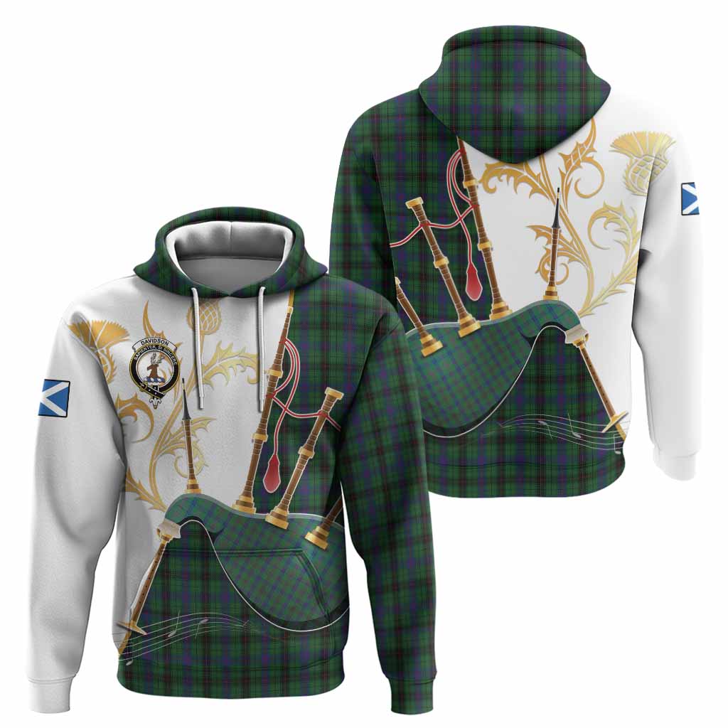 Davidson Tartan Family Crest Hoodie Bagpipes with Scottish Thistle
