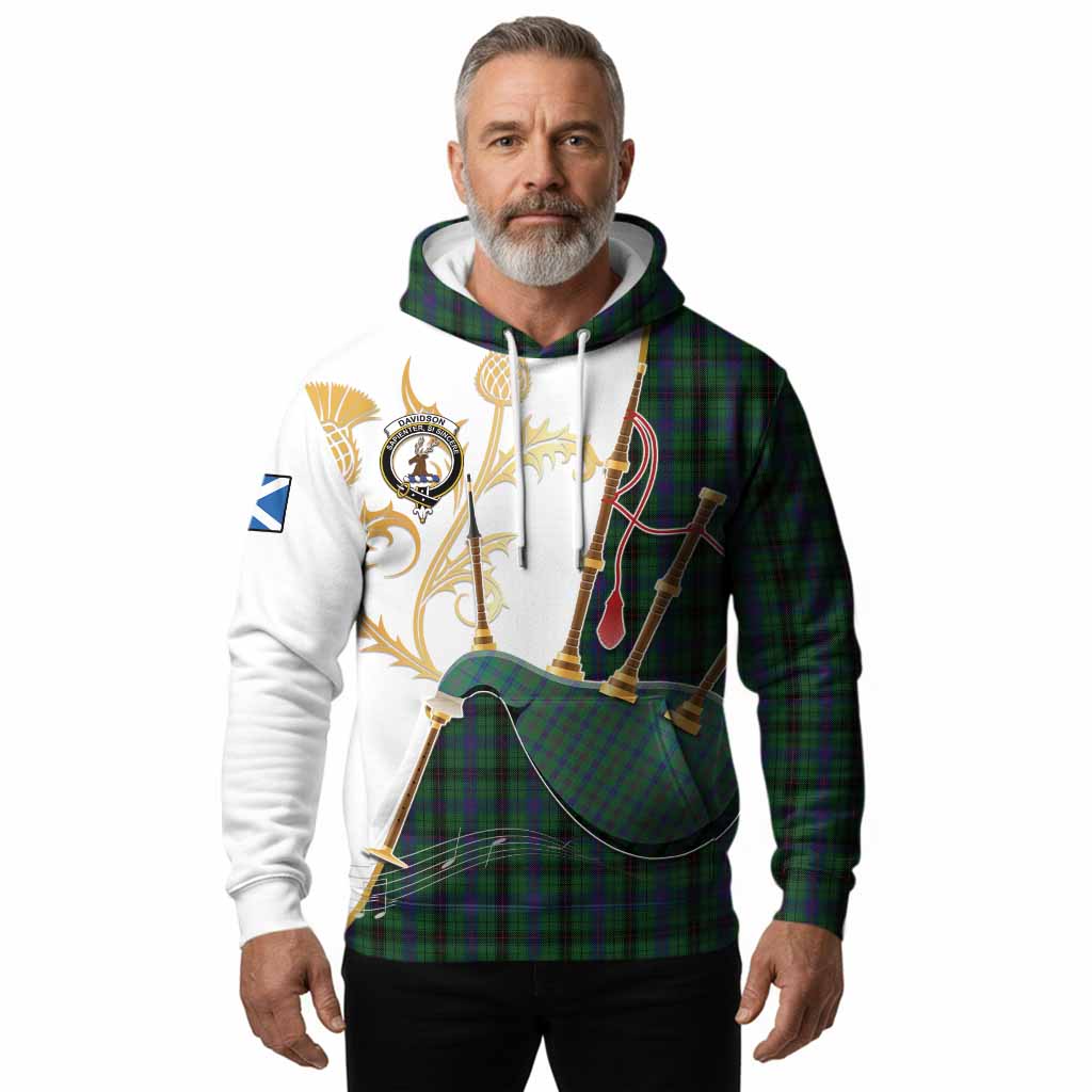 Davidson Tartan Family Crest Hoodie Bagpipes with Scottish Thistle