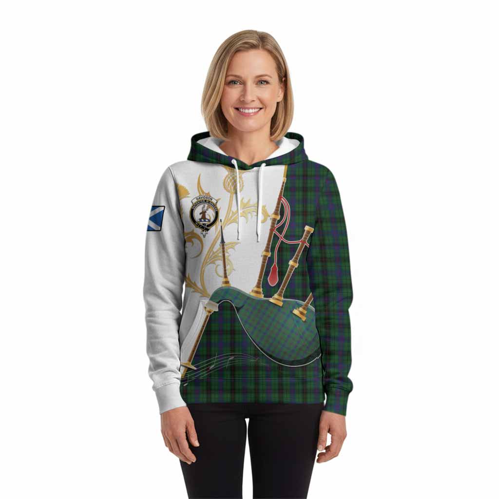 Davidson Tartan Family Crest Hoodie Bagpipes with Scottish Thistle