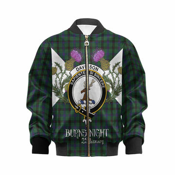 Davidson Tartan Family Crest Kid Bomber Jacket Scottish Burns Night Thistle Floral