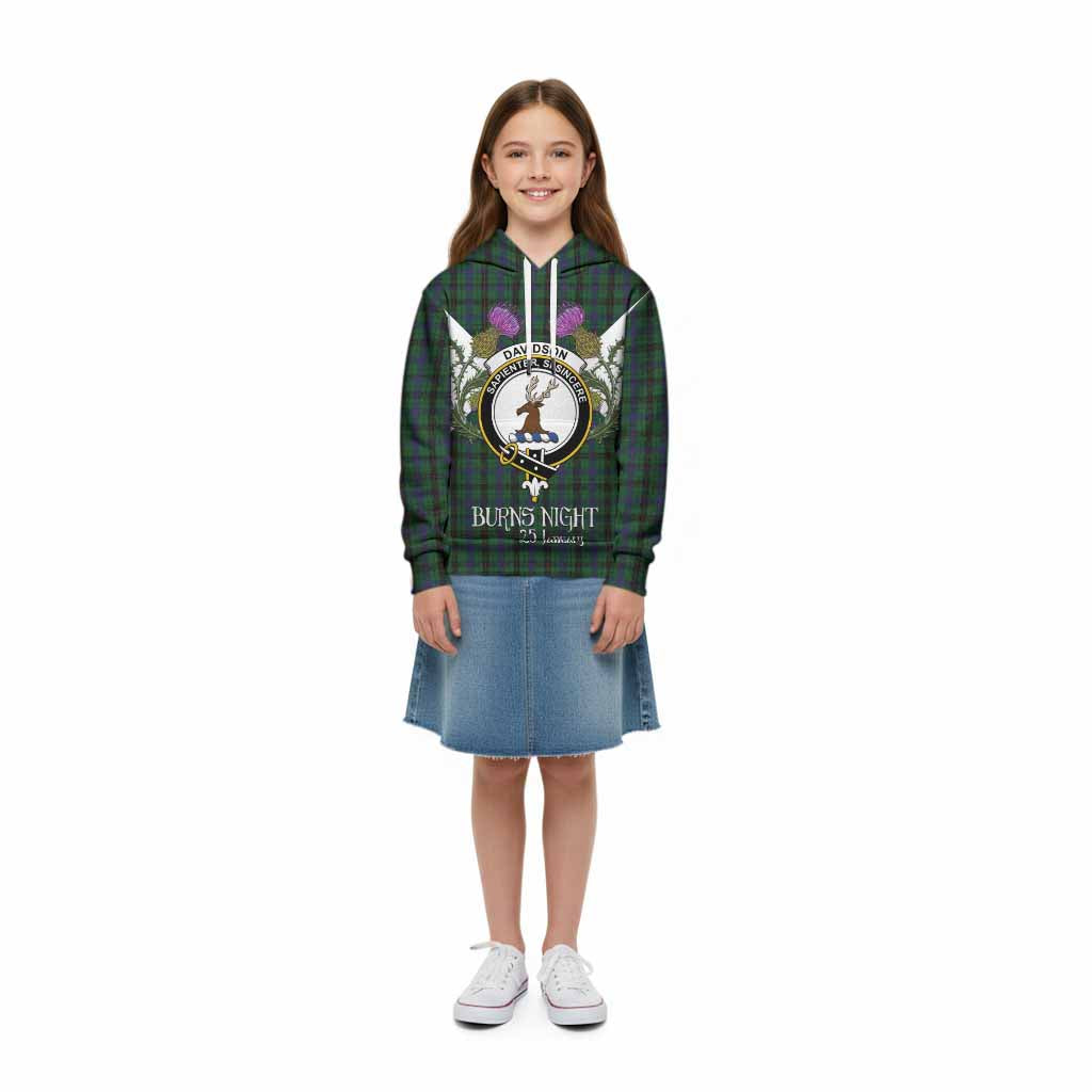 Davidson Tartan Family Crest Kid Hoodie Scottish Burns Night Thistle Floral