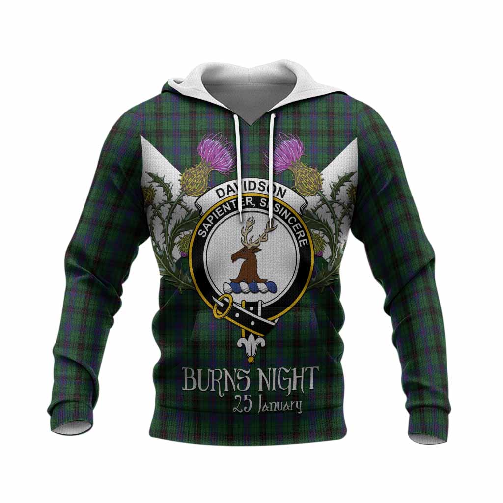Davidson Tartan Family Crest Knitted Hoodie Scottish Burns Night Thistle Floral