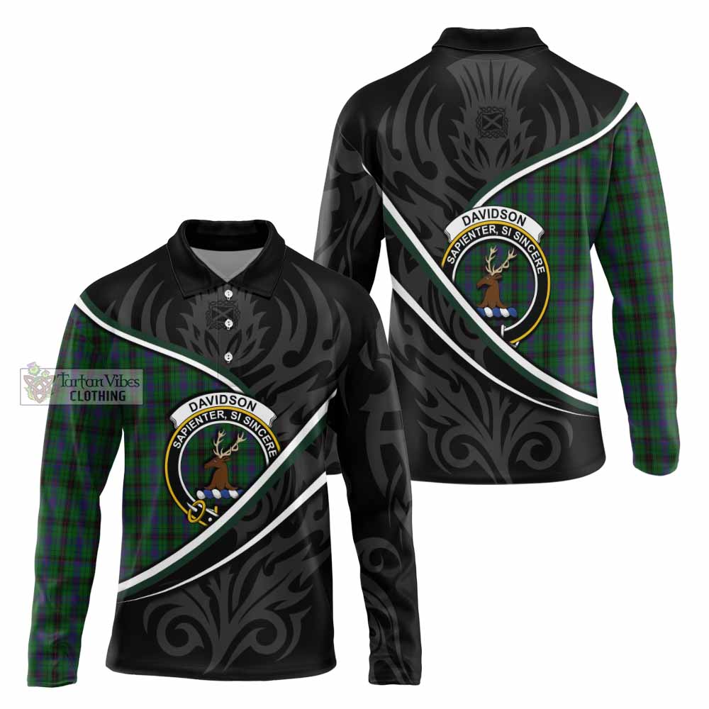 Davidson Tartan Family Crest Long Sleeve Polo Shirt Celtic Scottish Thistle Floral - Tartan Vibes Clothing