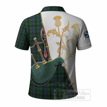Davidson Tartan Family Crest Polo Shirt Bagpipes with Scottish Thistle