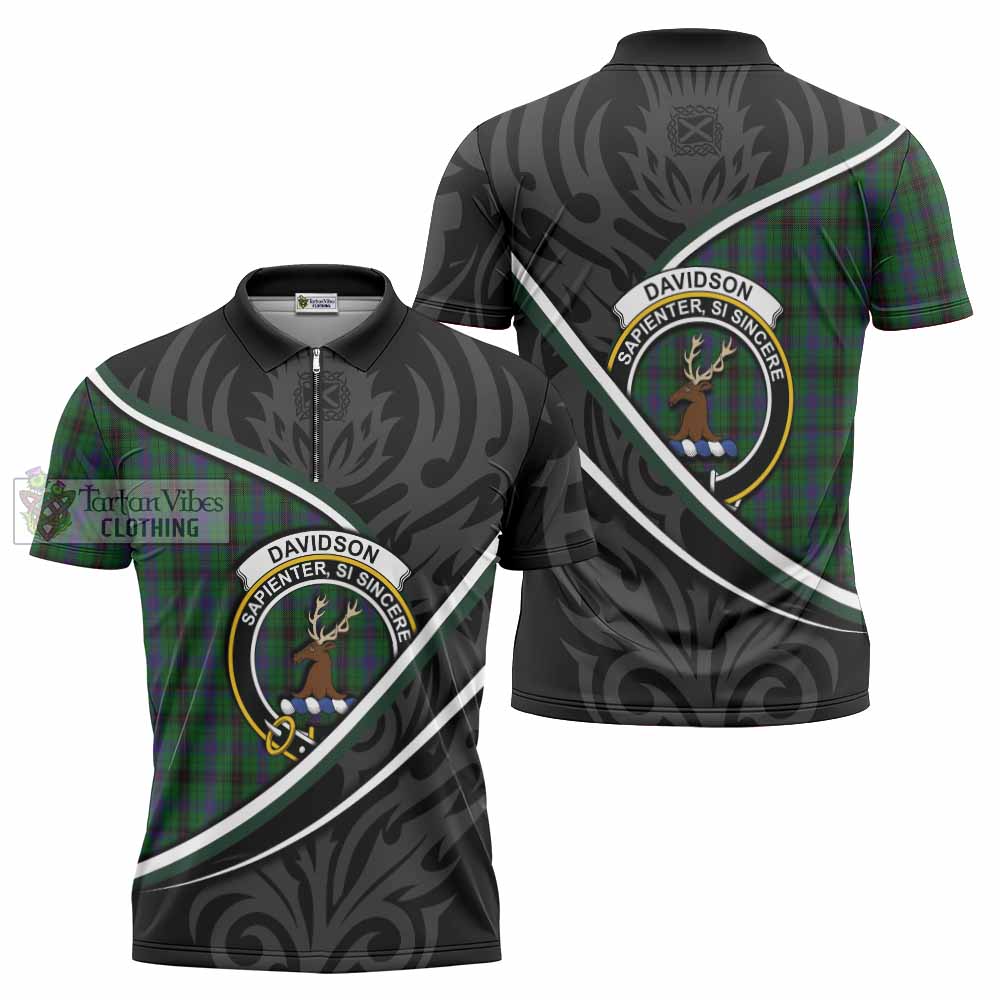 Davidson Tartan Family Crest Zipper Polo Shirt Celtic Scottish Thistle Floral - Tartan Vibes Clothing