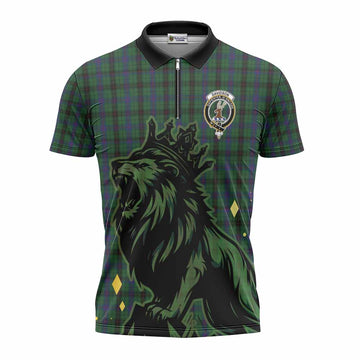Davidson Tartan Family Crest Zipper Polo Shirt Crowned Lion Roaring