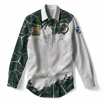 Davidson Tartan Women Casual Shirt with Family Crest and Lion Rampant Grunge Style