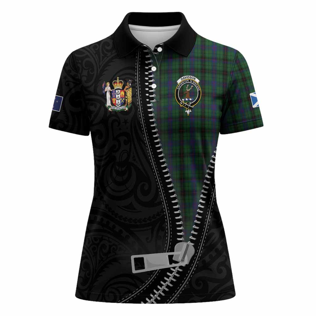 Davidson Tartan Women Polo Shirt New Zealand Pattern Unique Zipper Stylized