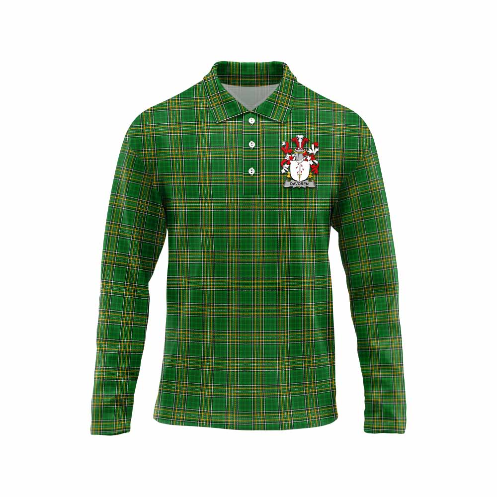 Tartan Vibes Clothing Davoren Irish Clan Tartan Long Sleeve Polo Shirt with Coat of Arms