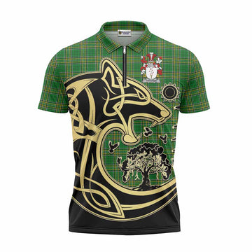 Davoren Irish Tartan Zipper Polo Shirt with Coat of Arms Celtic Wolf Style