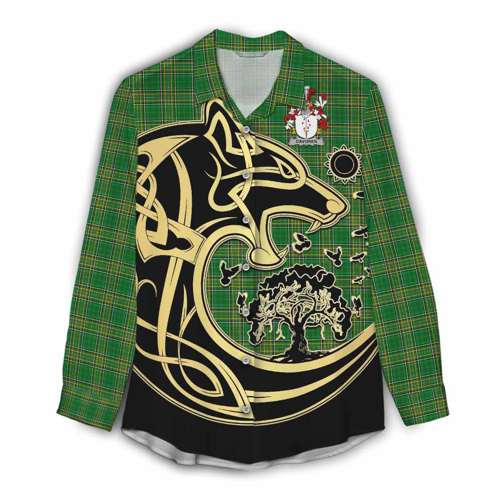 Tartan Vibes Clothing Davoren Irish Tartan Women's Casual Shirt with Coat of Arms Celtic Wolf Style