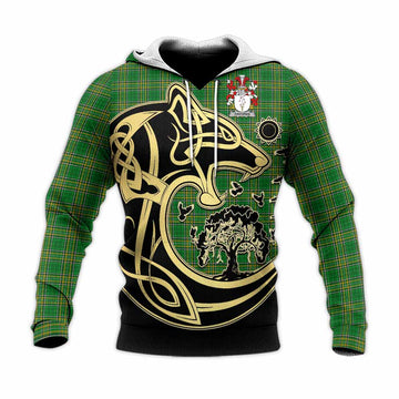 Davoren Irish Tartan Knitted Hoodie with Coat of Arms Celtic Wolf Style