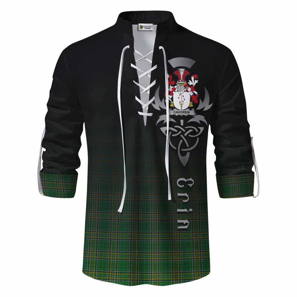 Tartan Vibes Clothing Davoren Irish Clan Ghillie Kilt Shirt with Coat of Arms Erin Go Bragh Celtic Inspired