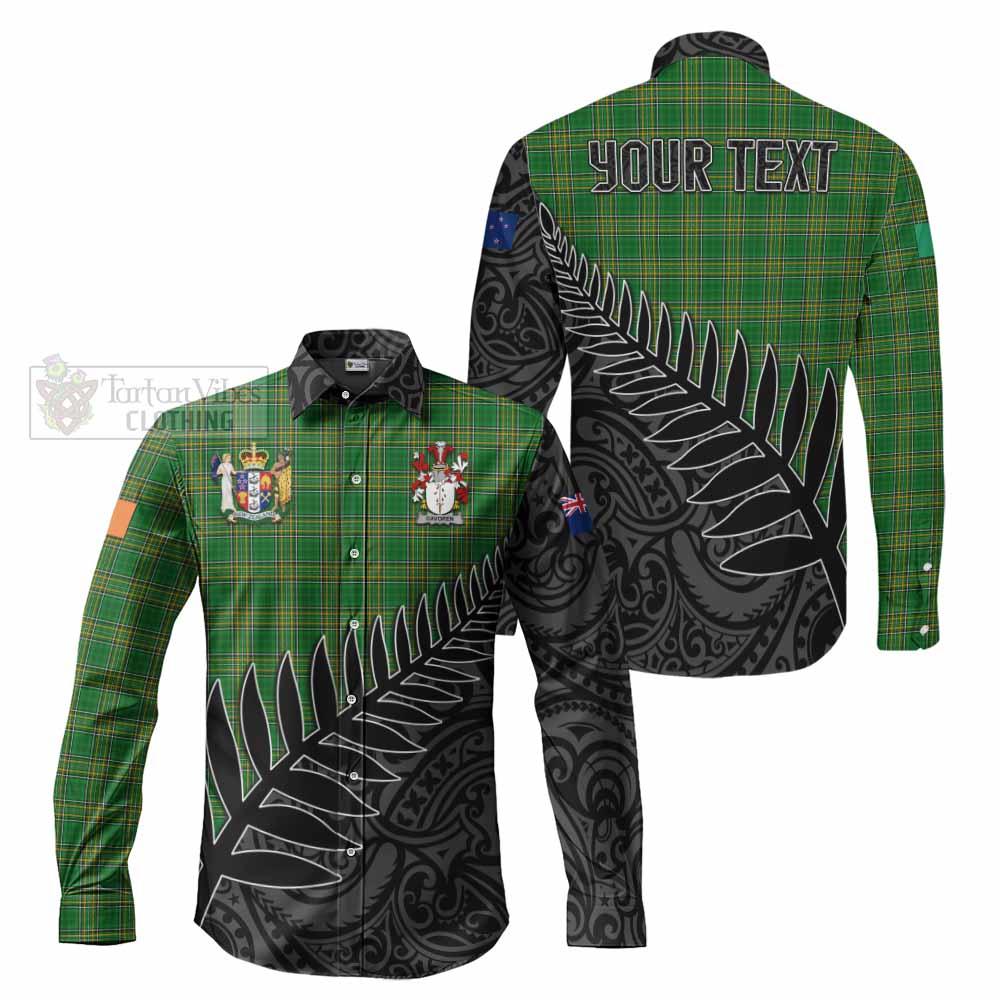 Tartan Vibes Clothing Davoren Irish Clan Tartan Long Sleeve Button Shirt with Coat of Arms New Zealand Silver Fern Half Style