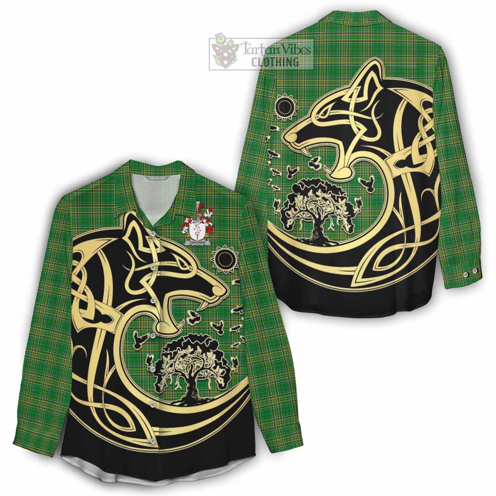 Tartan Vibes Clothing Davoren Irish Tartan Women's Casual Shirt with Coat of Arms Celtic Wolf Style