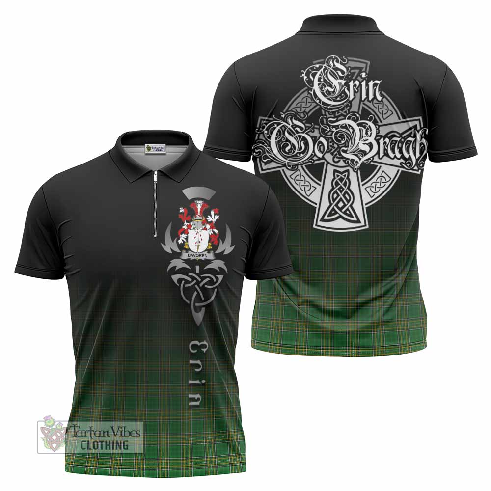 Tartan Vibes Clothing Davoren Irish Clan Zipper Polo Shirt with Coat of Arms Erin Go Bragh Celtic Inspired
