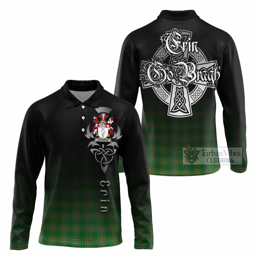 Tartan Vibes Clothing Davoren Irish Clan Long Sleeve Polo Shirt with Coat of Arms Erin Go Bragh Celtic Inspired