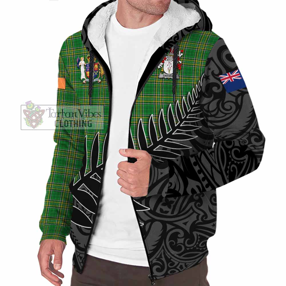 Tartan Vibes Clothing Davoren Irish Clan Tartan Sherpa Hoodie with Coat of Arms New Zealand Silver Fern Half Style