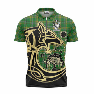 Dawney Irish Tartan Zipper Polo Shirt with Coat of Arms Celtic Wolf Style Unisex - Tartan Vibes Clothing
