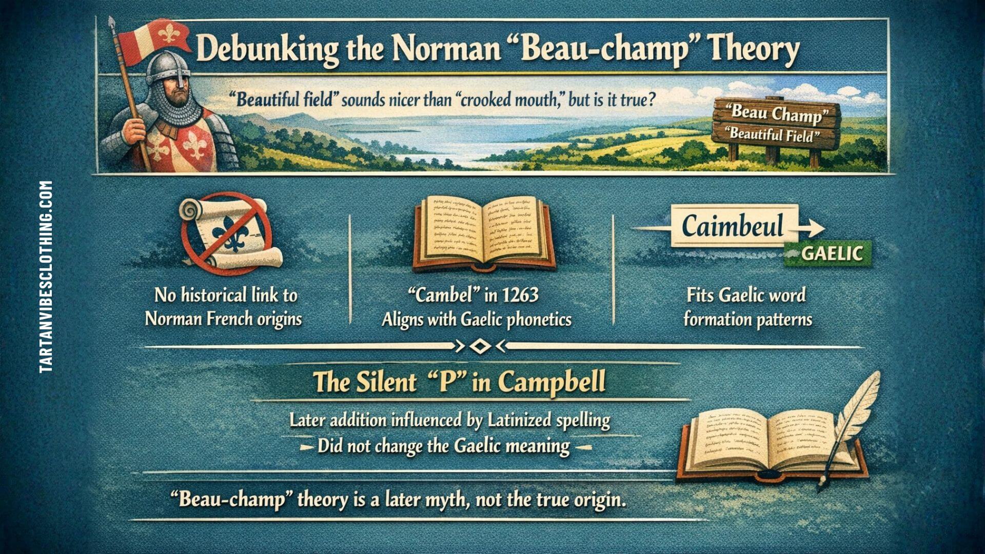 Debunking the Norman Beau champ theory of the Campbell surname with Gaelic origin explanation