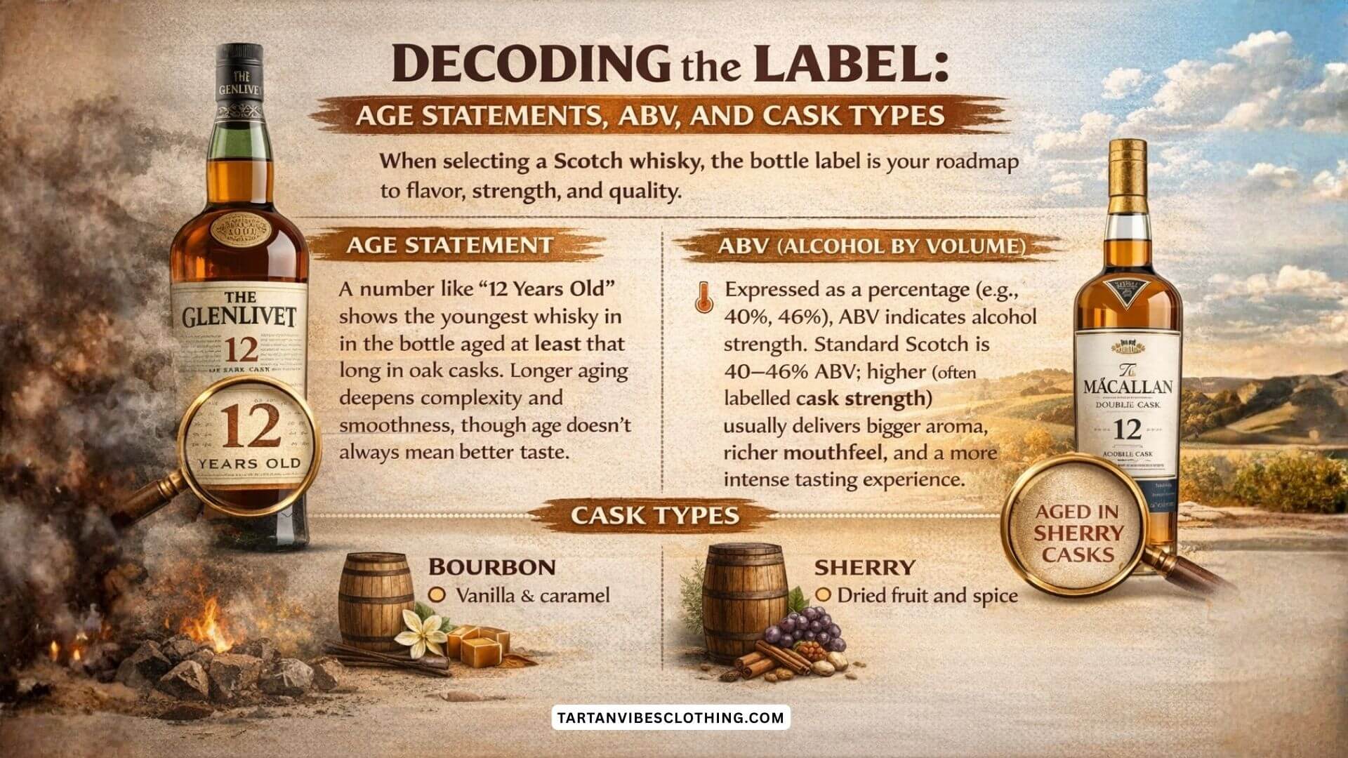 Scotch whisky label guide infographic explaining age statements, ABV, and cask types