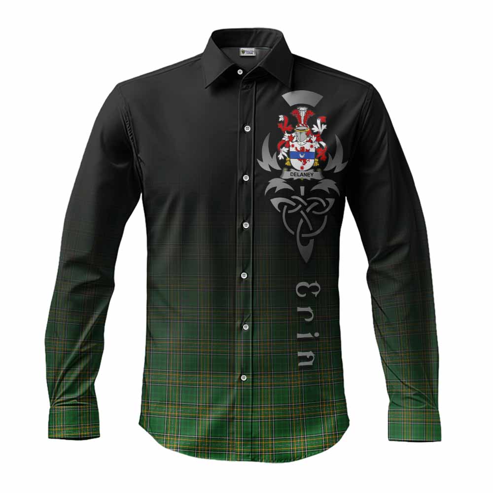 Tartan Vibes Clothing Delaney Irish Clan Long Sleeve Button Shirt with Coat of Arms Erin Go Bragh Celtic Inspired