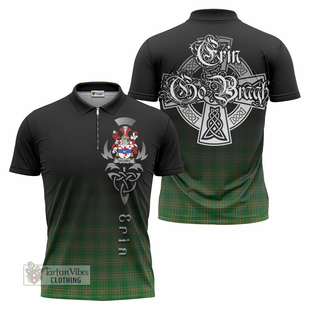 Tartan Vibes Clothing Delaney Irish Clan Zipper Polo Shirt with Coat of Arms Erin Go Bragh Celtic Inspired