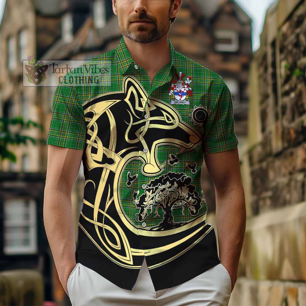 Tartan Vibes Clothing Delaney Irish Tartan Short Sleeve Button Shirt with Coat of Arms Celtic Wolf Style