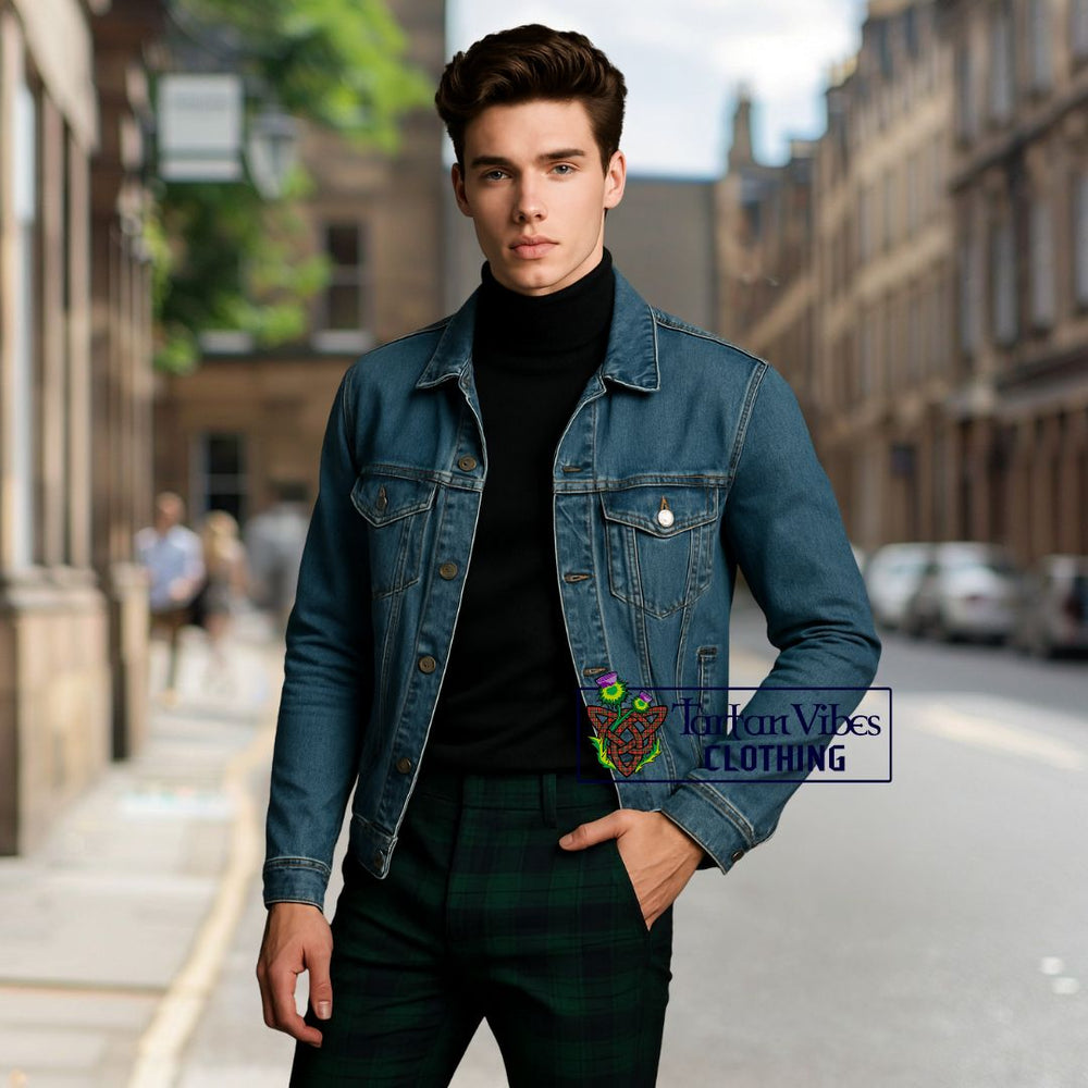 Denim Jacket with Black Turtleneck and Green Tartan Pants 