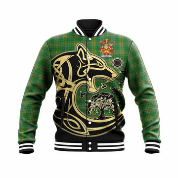 Tartan Vibes Clothing Dennis Irish Tartan Baseball Jacket with Coat of Arms Celtic Wolf Style