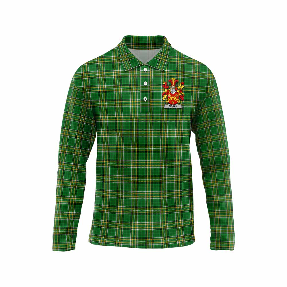 Tartan Vibes Clothing Dennis Irish Clan Tartan Long Sleeve Polo Shirt with Coat of Arms