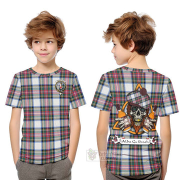 Dennistoun Tartan Kid T-Shirt with Family Crest and Bearded Skull Holding Bottles of Whiskey Youth XL Size14 - Tartan Vibes Clothing