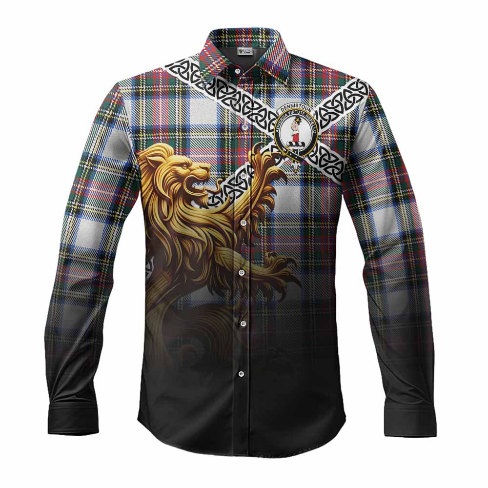 Dennistoun Crest Tartan Long Sleeve Button Shirt with Golden Lion Emblem Celtic Style Men's Shirt S - Tartan Vibes Clothing