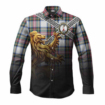 Dennistoun Crest Tartan Long Sleeve Button Shirt with Golden Lion Emblem Celtic Style Men's Shirt S - Tartan Vibes Clothing