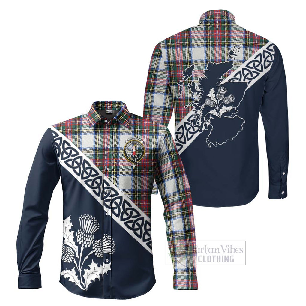 Dennistoun Tartan Long Sleeve Button Shirt Featuring Thistle and Scotland Map Men's Shirt S - Tartan Vibes Clothing